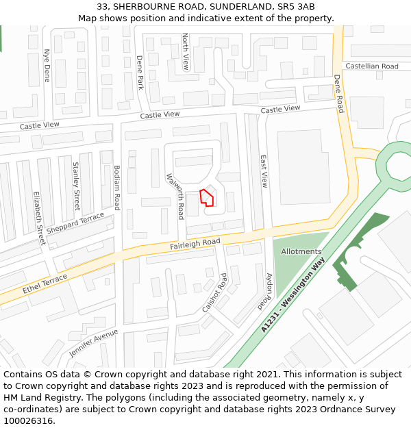 33, SHERBOURNE ROAD, SUNDERLAND, SR5 3AB: Location map and indicative extent of plot