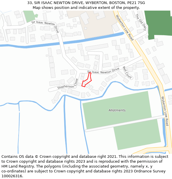 33, SIR ISAAC NEWTON DRIVE, WYBERTON, BOSTON, PE21 7SG: Location map and indicative extent of plot