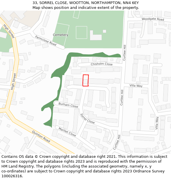 33, SORREL CLOSE, WOOTTON, NORTHAMPTON, NN4 6EY: Location map and indicative extent of plot