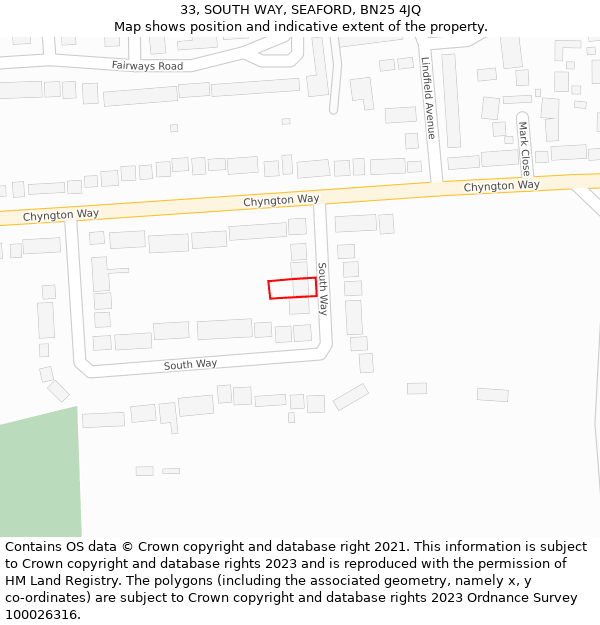 33, SOUTH WAY, SEAFORD, BN25 4JQ: Location map and indicative extent of plot