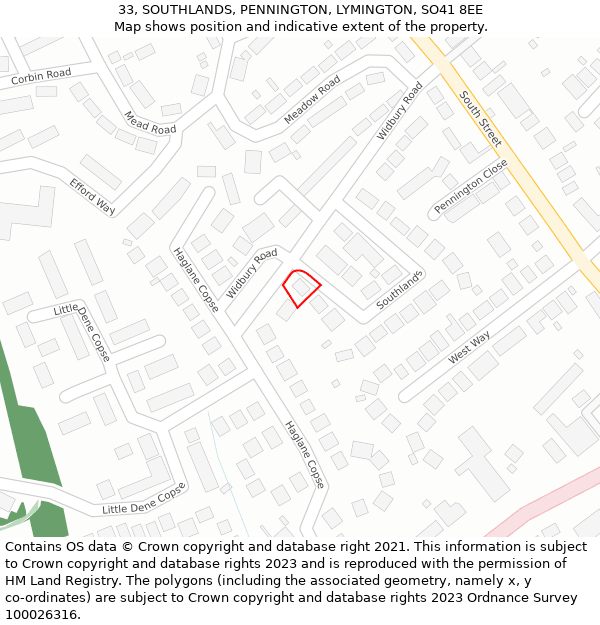 33, SOUTHLANDS, PENNINGTON, LYMINGTON, SO41 8EE: Location map and indicative extent of plot