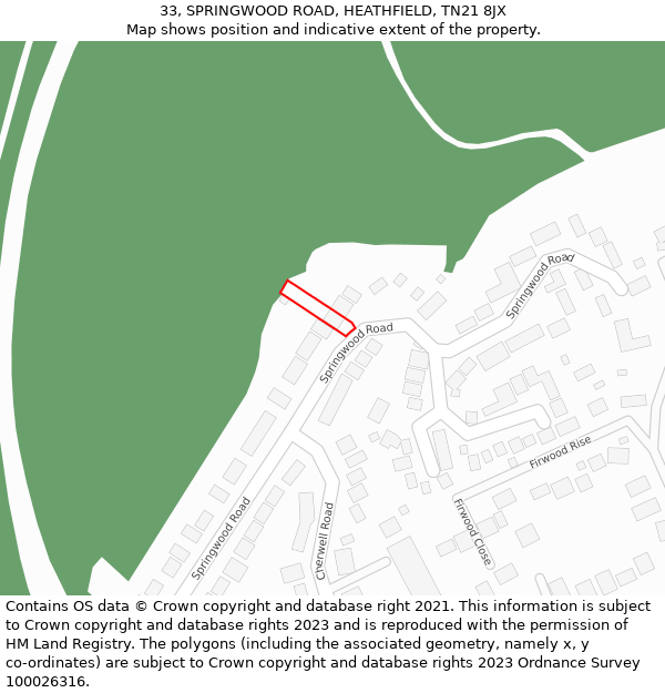 33, SPRINGWOOD ROAD, HEATHFIELD, TN21 8JX: Location map and indicative extent of plot