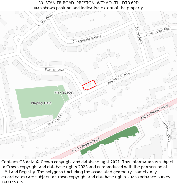 33, STANIER ROAD, PRESTON, WEYMOUTH, DT3 6PD: Location map and indicative extent of plot