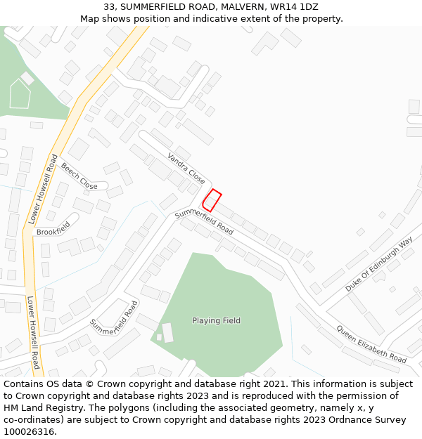 33, SUMMERFIELD ROAD, MALVERN, WR14 1DZ: Location map and indicative extent of plot