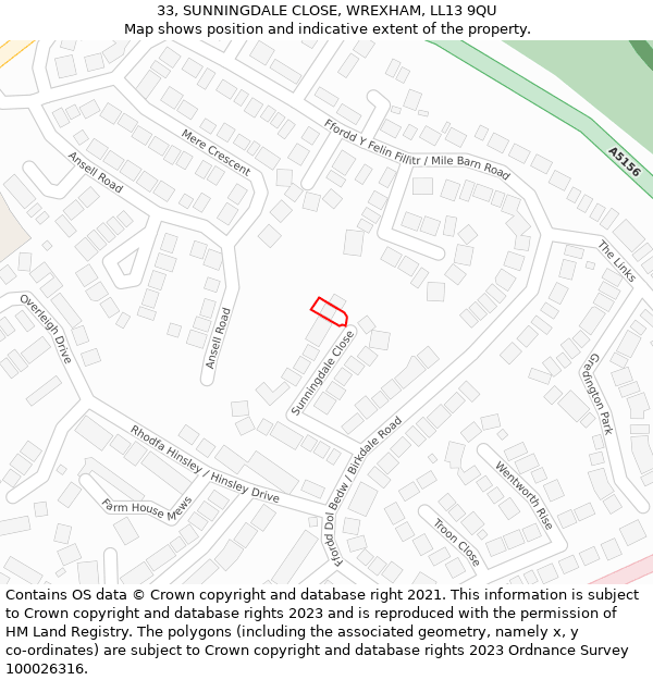 33, SUNNINGDALE CLOSE, WREXHAM, LL13 9QU: Location map and indicative extent of plot