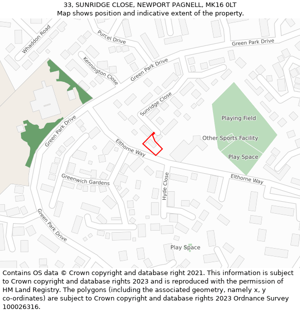 33, SUNRIDGE CLOSE, NEWPORT PAGNELL, MK16 0LT: Location map and indicative extent of plot