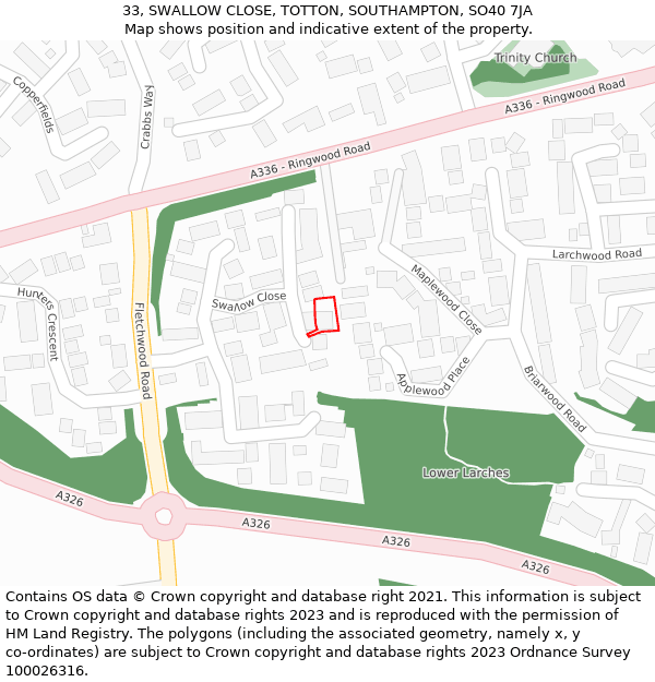 33, SWALLOW CLOSE, TOTTON, SOUTHAMPTON, SO40 7JA: Location map and indicative extent of plot