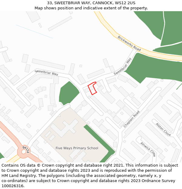 33, SWEETBRIAR WAY, CANNOCK, WS12 2US: Location map and indicative extent of plot