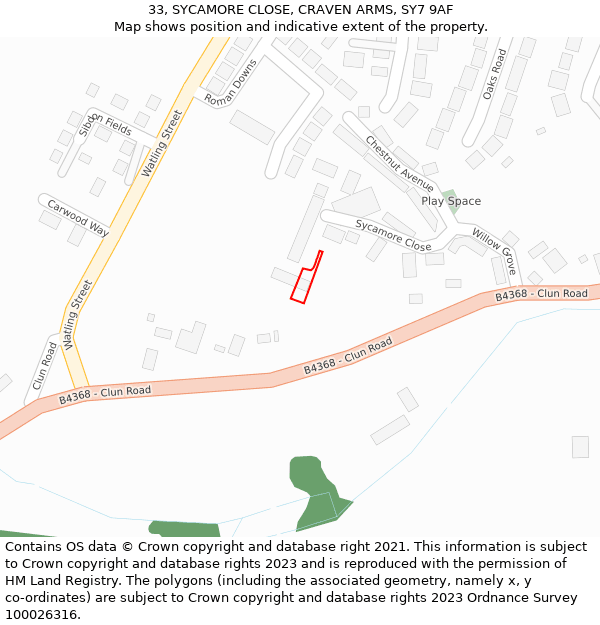 33, SYCAMORE CLOSE, CRAVEN ARMS, SY7 9AF: Location map and indicative extent of plot