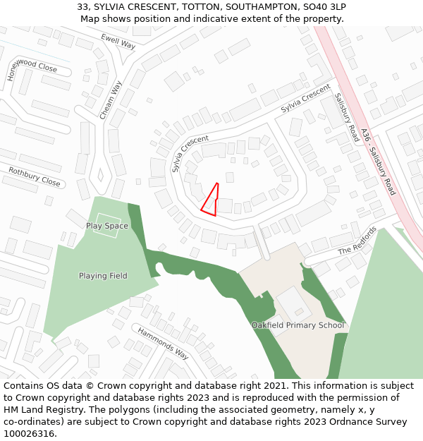 33, SYLVIA CRESCENT, TOTTON, SOUTHAMPTON, SO40 3LP: Location map and indicative extent of plot