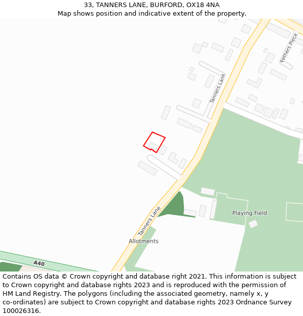 33, TANNERS LANE, BURFORD, OX18 4NA: Location map and indicative extent of plot