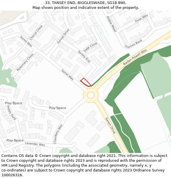 33, TANSEY END, BIGGLESWADE, SG18 8WL: Location map and indicative extent of plot