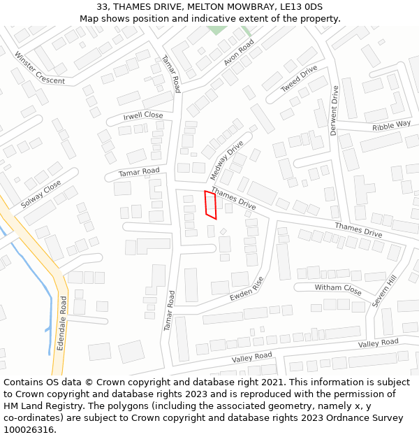 33, THAMES DRIVE, MELTON MOWBRAY, LE13 0DS: Location map and indicative extent of plot