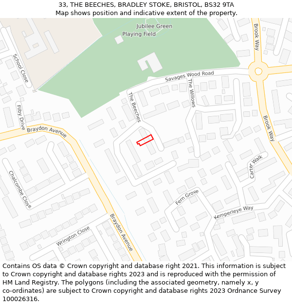 33, THE BEECHES, BRADLEY STOKE, BRISTOL, BS32 9TA: Location map and indicative extent of plot