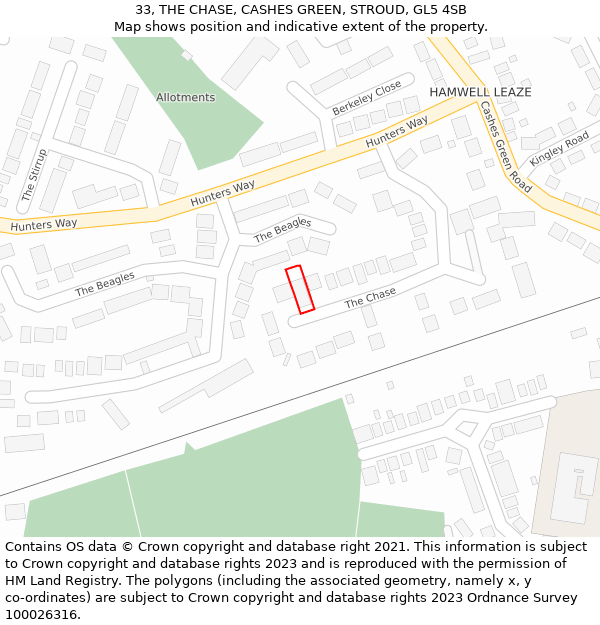 33, THE CHASE, CASHES GREEN, STROUD, GL5 4SB: Location map and indicative extent of plot