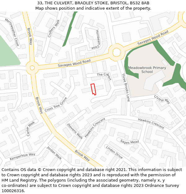 33, THE CULVERT, BRADLEY STOKE, BRISTOL, BS32 8AB: Location map and indicative extent of plot