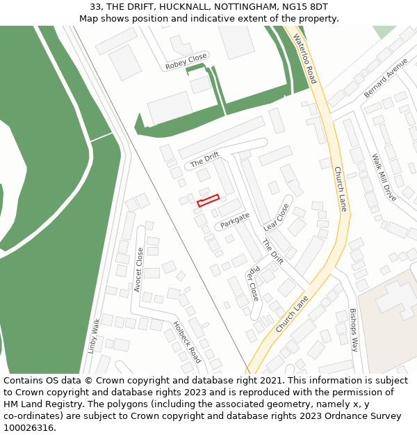 33, THE DRIFT, HUCKNALL, NOTTINGHAM, NG15 8DT: Location map and indicative extent of plot