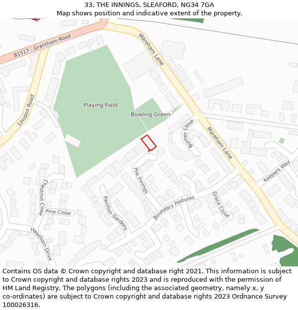 33, THE INNINGS, SLEAFORD, NG34 7GA: Location map and indicative extent of plot