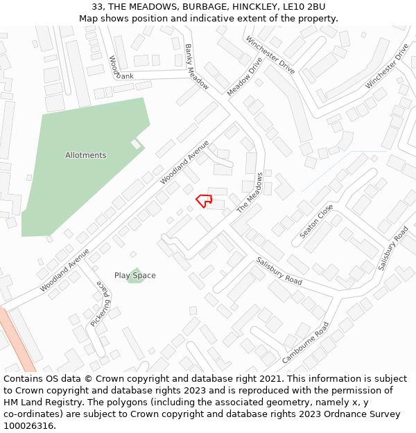 33, THE MEADOWS, BURBAGE, HINCKLEY, LE10 2BU: Location map and indicative extent of plot