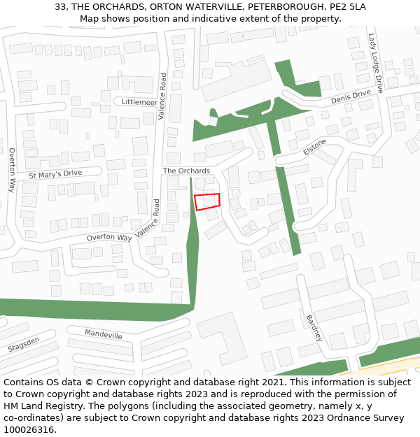 33, THE ORCHARDS, ORTON WATERVILLE, PETERBOROUGH, PE2 5LA: Location map and indicative extent of plot