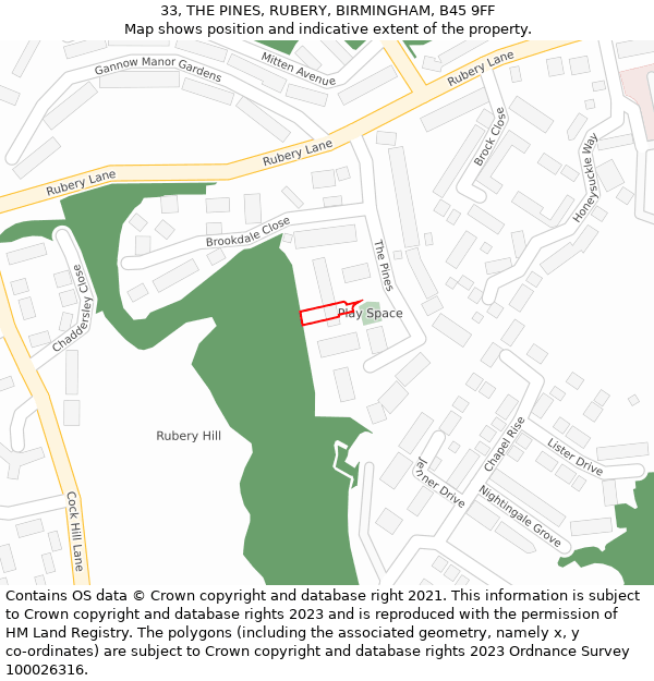 33, THE PINES, RUBERY, BIRMINGHAM, B45 9FF: Location map and indicative extent of plot