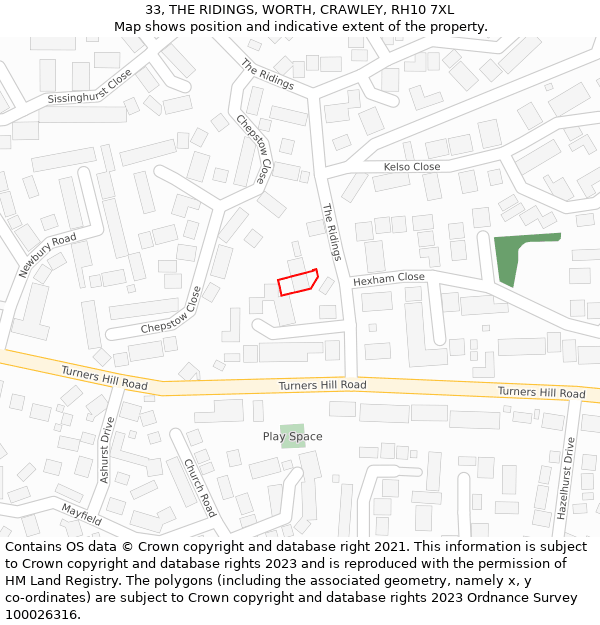 33, THE RIDINGS, WORTH, CRAWLEY, RH10 7XL: Location map and indicative extent of plot