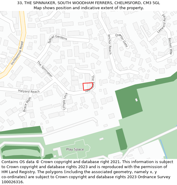 33, THE SPINNAKER, SOUTH WOODHAM FERRERS, CHELMSFORD, CM3 5GL: Location map and indicative extent of plot