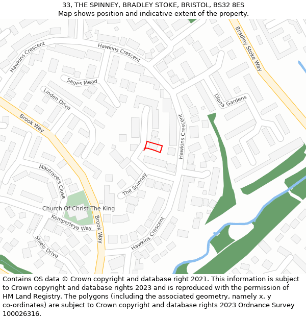 33, THE SPINNEY, BRADLEY STOKE, BRISTOL, BS32 8ES: Location map and indicative extent of plot