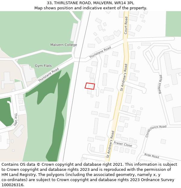 33, THIRLSTANE ROAD, MALVERN, WR14 3PL: Location map and indicative extent of plot
