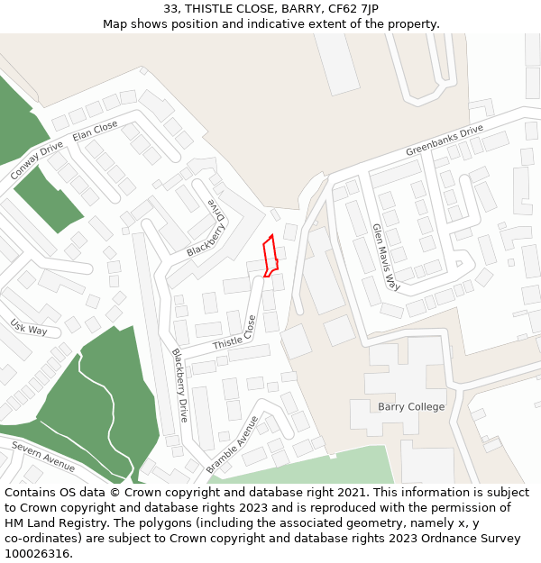 33, THISTLE CLOSE, BARRY, CF62 7JP: Location map and indicative extent of plot