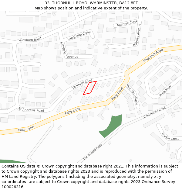 33, THORNHILL ROAD, WARMINSTER, BA12 8EF: Location map and indicative extent of plot