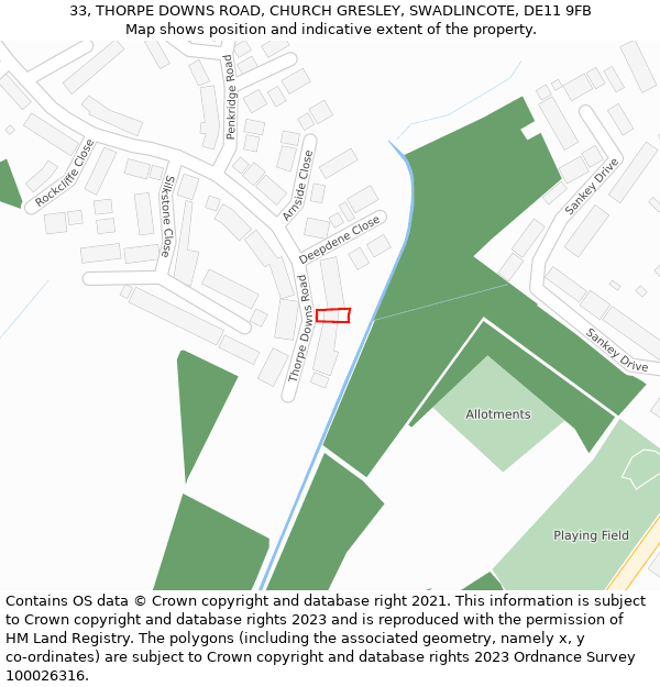 33, THORPE DOWNS ROAD, CHURCH GRESLEY, SWADLINCOTE, DE11 9FB: Location map and indicative extent of plot