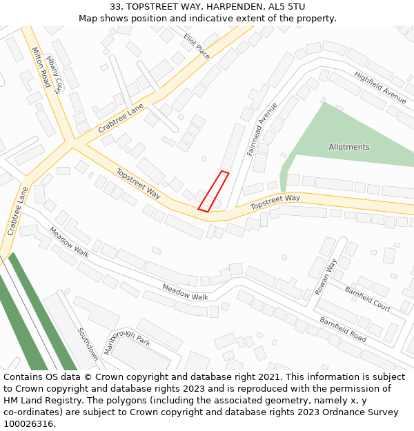 33, TOPSTREET WAY, HARPENDEN, AL5 5TU: Location map and indicative extent of plot