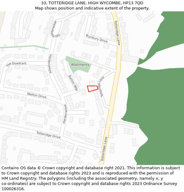 33, TOTTERIDGE LANE, HIGH WYCOMBE, HP13 7QD: Location map and indicative extent of plot