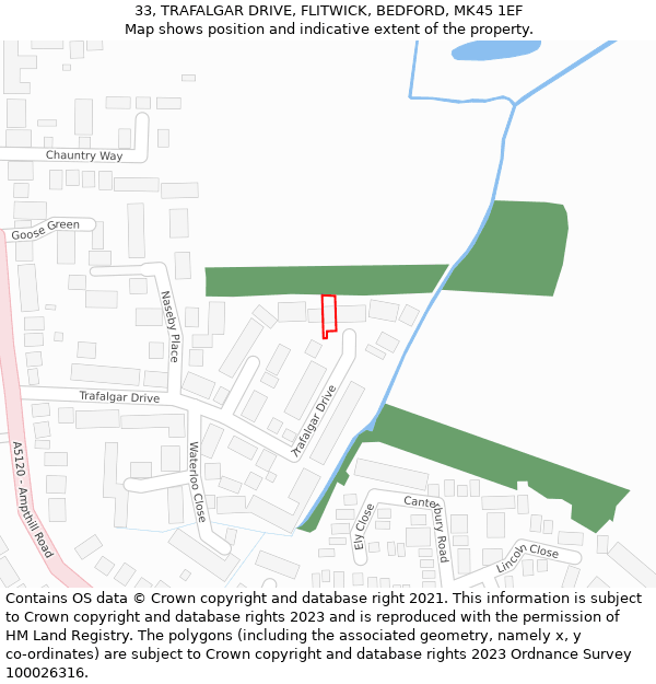 33, TRAFALGAR DRIVE, FLITWICK, BEDFORD, MK45 1EF: Location map and indicative extent of plot