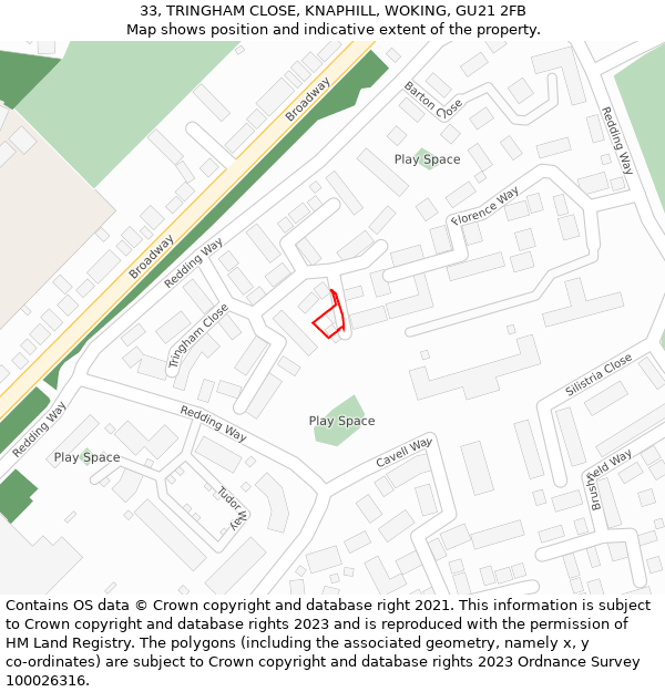 33, TRINGHAM CLOSE, KNAPHILL, WOKING, GU21 2FB: Location map and indicative extent of plot