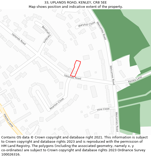 33, UPLANDS ROAD, KENLEY, CR8 5EE: Location map and indicative extent of plot