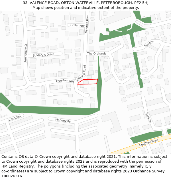 33, VALENCE ROAD, ORTON WATERVILLE, PETERBOROUGH, PE2 5HJ: Location map and indicative extent of plot