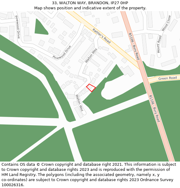 33, WALTON WAY, BRANDON, IP27 0HP: Location map and indicative extent of plot