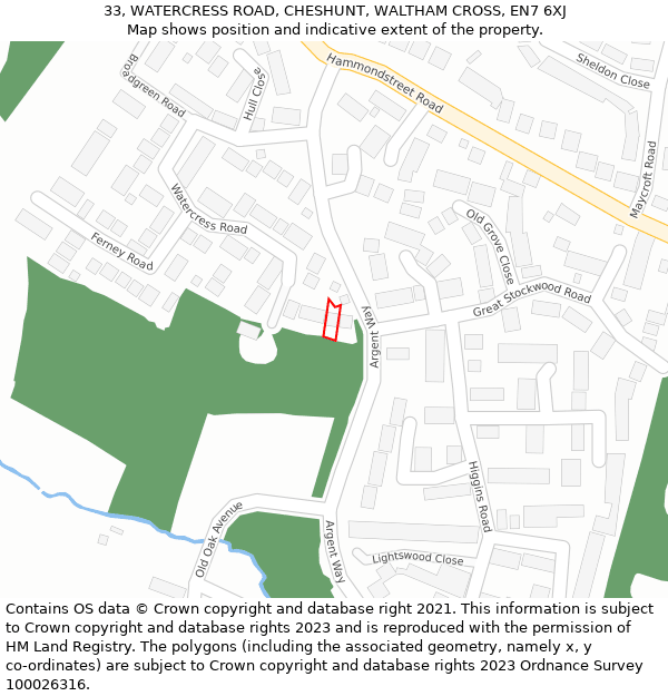 33, WATERCRESS ROAD, CHESHUNT, WALTHAM CROSS, EN7 6XJ: Location map and indicative extent of plot