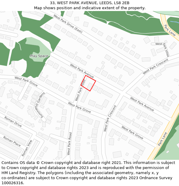 33, WEST PARK AVENUE, LEEDS, LS8 2EB: Location map and indicative extent of plot