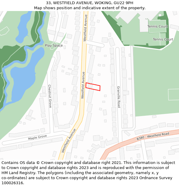 33, WESTFIELD AVENUE, WOKING, GU22 9PH: Location map and indicative extent of plot