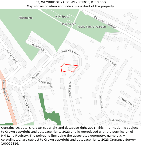33, WEYBRIDGE PARK, WEYBRIDGE, KT13 8SQ: Location map and indicative extent of plot