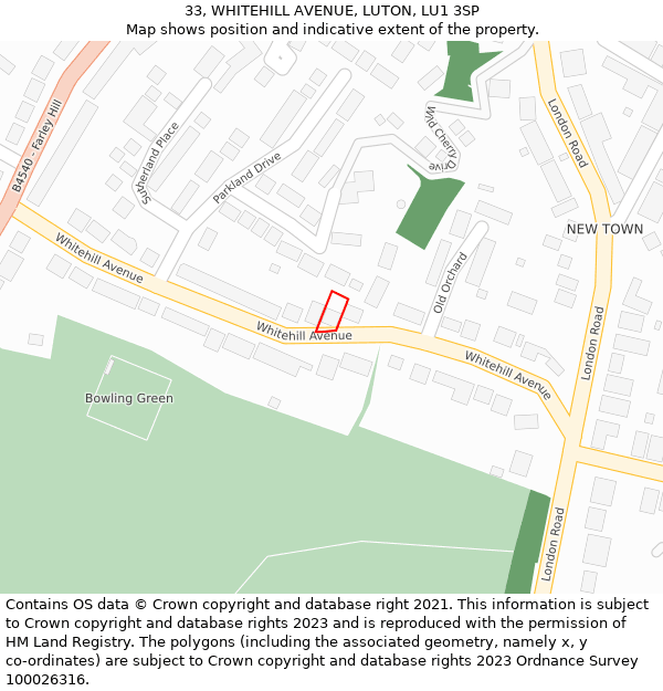 33, WHITEHILL AVENUE, LUTON, LU1 3SP: Location map and indicative extent of plot