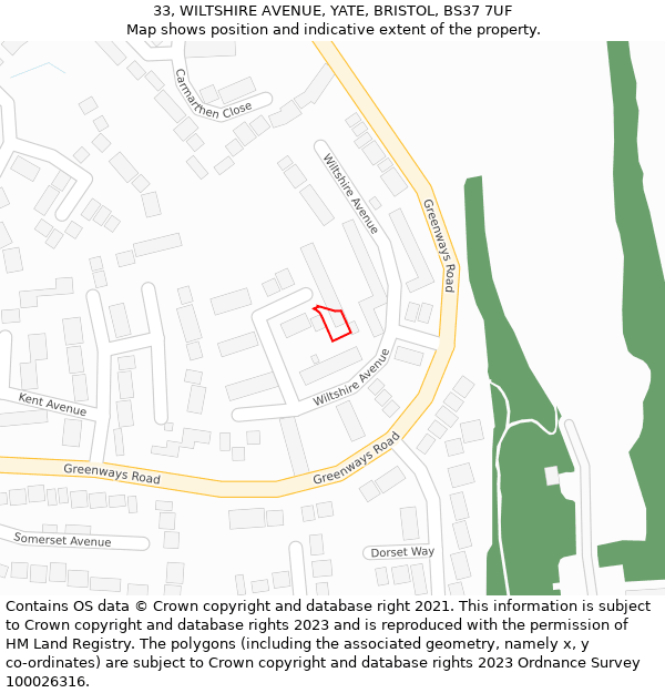 33, WILTSHIRE AVENUE, YATE, BRISTOL, BS37 7UF: Location map and indicative extent of plot