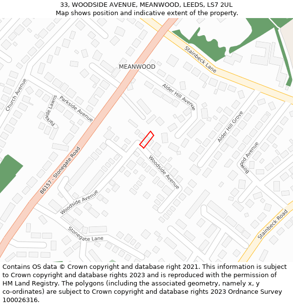 33, WOODSIDE AVENUE, MEANWOOD, LEEDS, LS7 2UL: Location map and indicative extent of plot