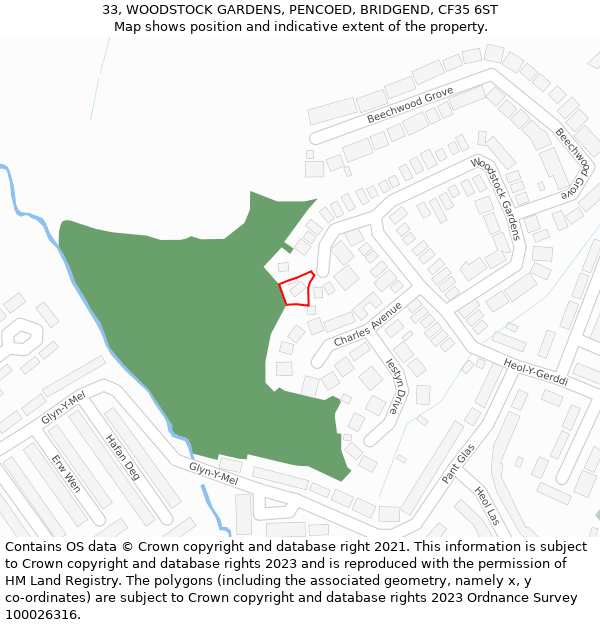 33, WOODSTOCK GARDENS, PENCOED, BRIDGEND, CF35 6ST: Location map and indicative extent of plot