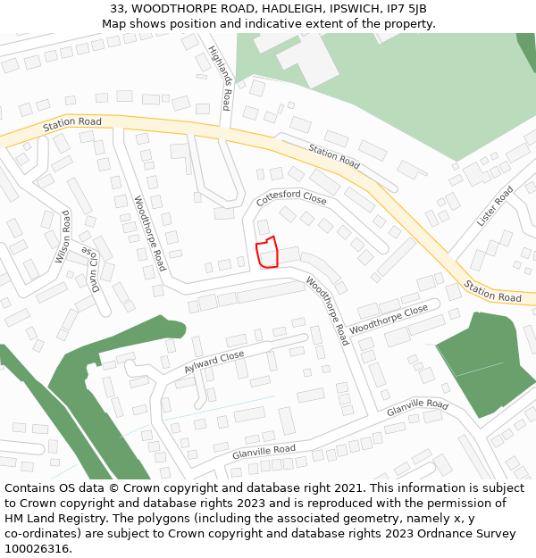 33, WOODTHORPE ROAD, HADLEIGH, IPSWICH, IP7 5JB: Location map and indicative extent of plot