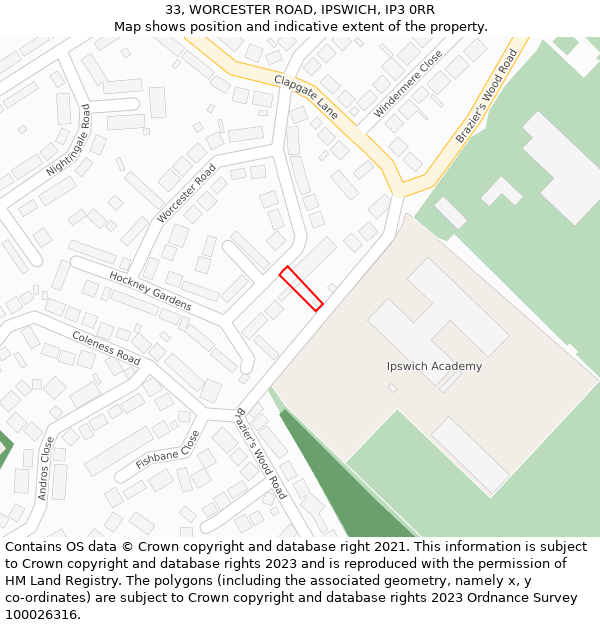 33, WORCESTER ROAD, IPSWICH, IP3 0RR: Location map and indicative extent of plot
