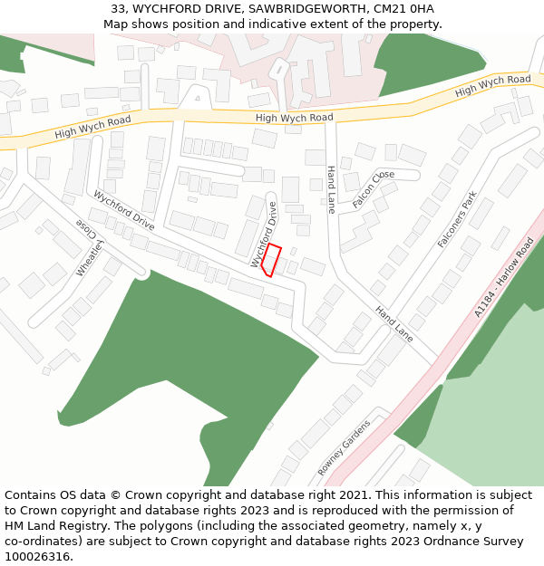 33, WYCHFORD DRIVE, SAWBRIDGEWORTH, CM21 0HA: Location map and indicative extent of plot